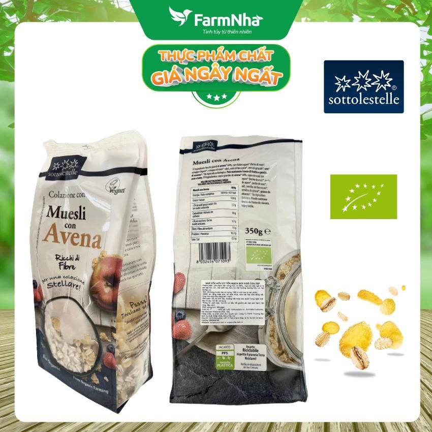 Ngũ Cốc Hữu Cơ yến mạch bắp ngô cán dẹp Sottolestelle 350g Organic Muesli con Avena - Khẩu phần ăn giảm cân