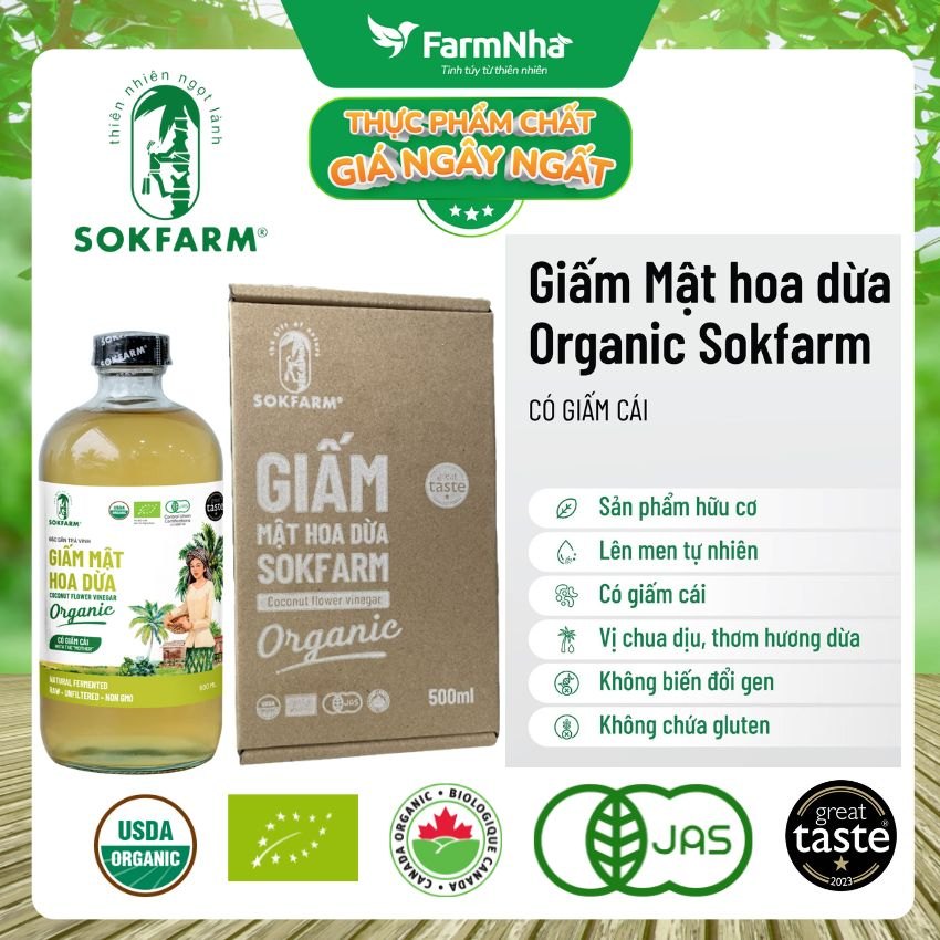 Giấm Mật Hoa Dừa Hữu Cơ Sokfarm 500ml