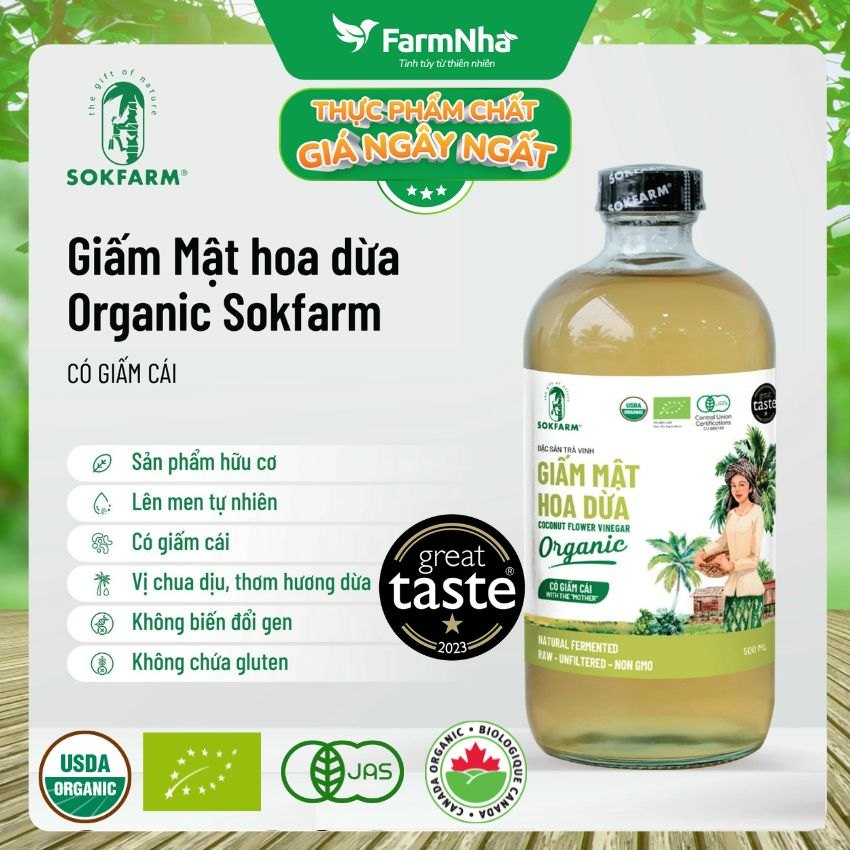 Giấm Mật Hoa Dừa Hữu Cơ Sokfarm 500ml