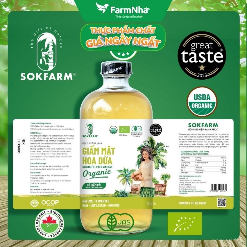 Giấm Mật Hoa Dừa Hữu Cơ Sokfarm 500ml