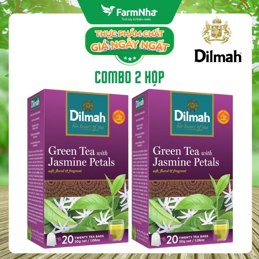 (Combo 2 Hộp) Trà Dilmah Green Tea with Jasmine Petals 30g 20 Túi Lọc x 1,5g Hương hoa Nhài