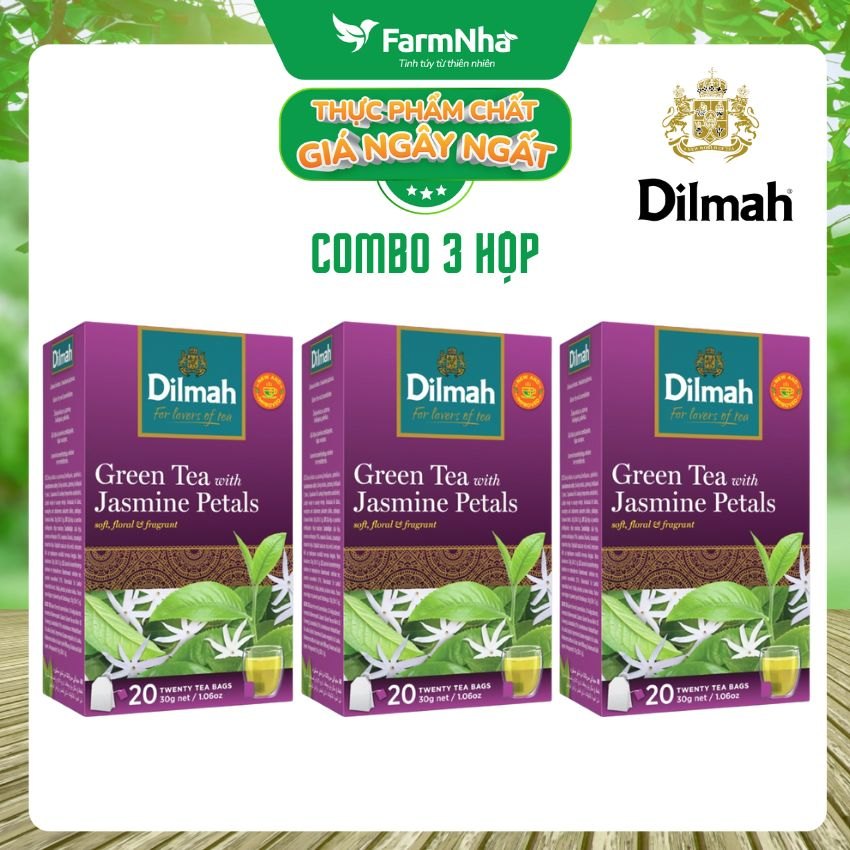 (Combo 3 Hộp) Trà Dilmah Green Tea with Jasmine Petals 30g 20 Túi Lọc x 1,5g Hương hoa Nhài