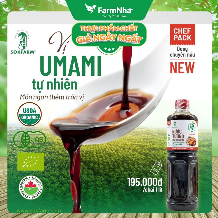 Nước tương mật hoa dừa Sokfarm 1 lít dòng chuyên nấu - Vị Unami hữu cơ tự nhiên, vị mặn tốt cho sức khỏe