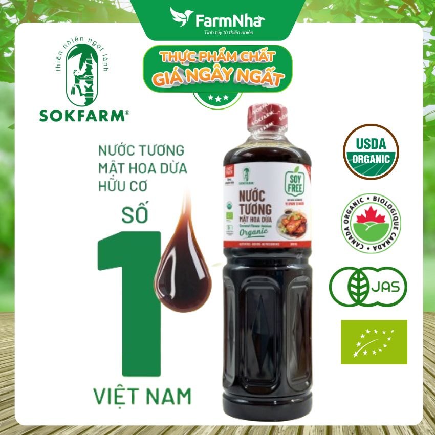 Nước tương mật hoa dừa Sokfarm 1 lít dòng chuyên nấu - Vị Unami hữu cơ tự nhiên, vị mặn tốt cho sức khỏe