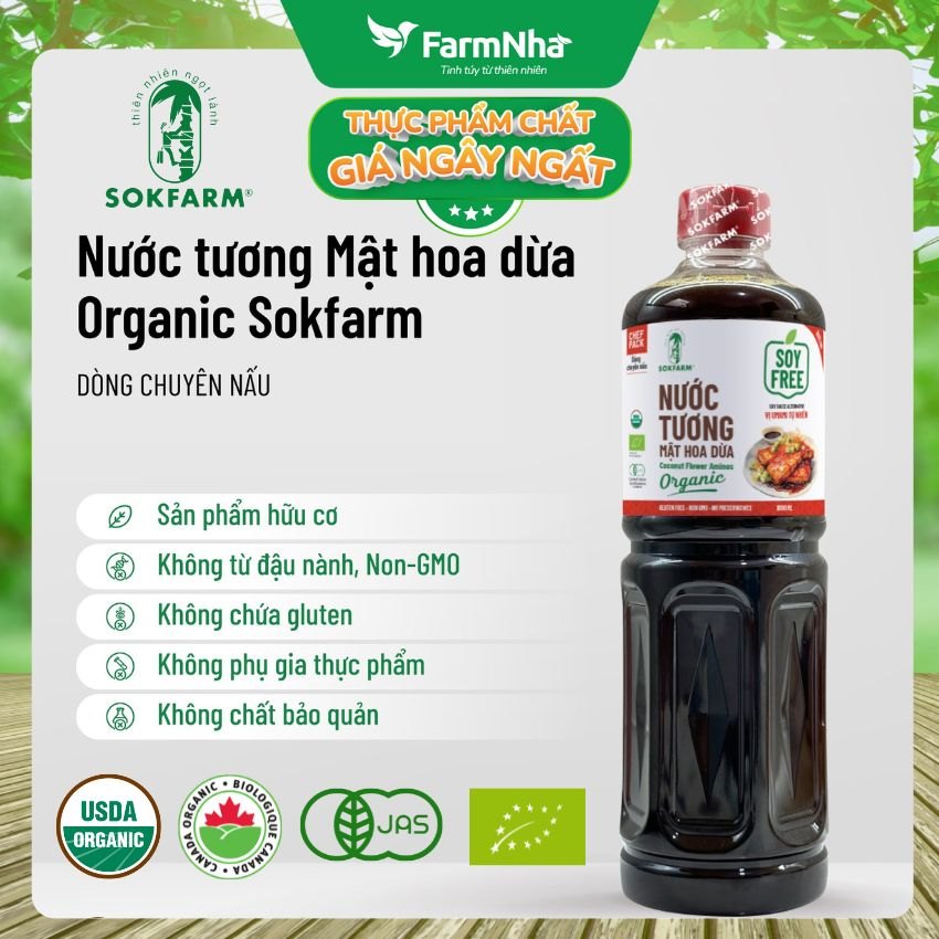 Nước tương mật hoa dừa Sokfarm 1 lít dòng chuyên nấu - Vị Unami hữu cơ tự nhiên, vị mặn tốt cho sức khỏe