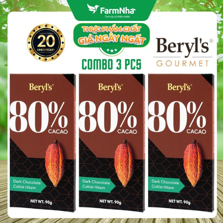 (Combo 3) Sô cô la Beryls No Added Sugar Dark 80% Chocolate 90g : Sự Lựa Chọn Hoàn Hảo Cho Người Yêu Thích Sô Cô La Đậm Đà