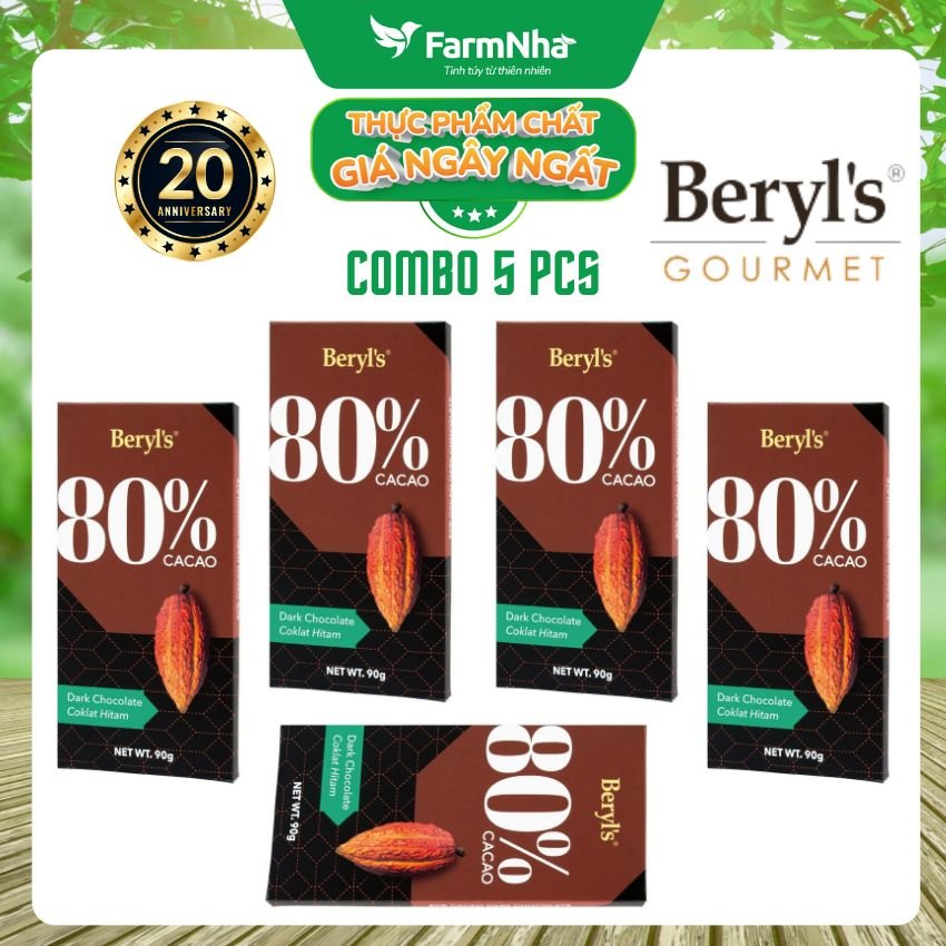 (Combo 5) Sô cô la Beryls No Added Sugar Dark 80% Chocolate 90g : Sự Lựa Chọn Hoàn Hảo Cho Người Yêu Thích Sô Cô La Đậm Đà