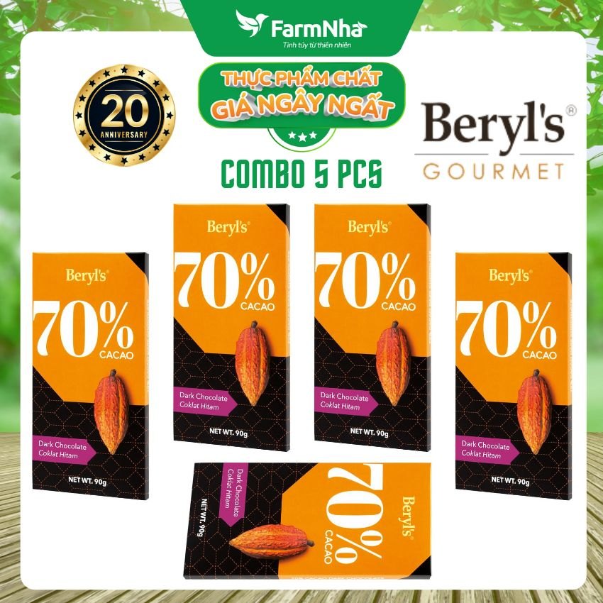 (Combo 5) Sô cô la Beryls No Added Sugar Dark 70% Chocolate 90g: Lựa Chọn Tinh Tế Cho Người Yêu Sô Cô La