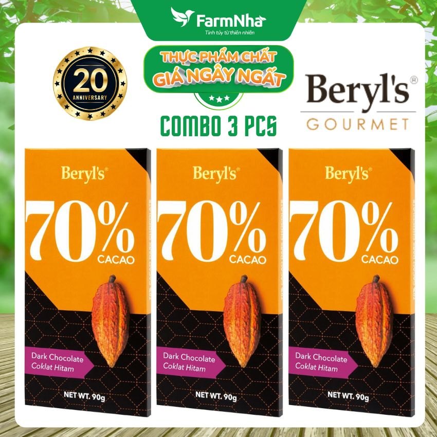 (Combo 3) Sô cô la Beryls No Added Sugar Dark 70% Chocolate 90g: Lựa Chọn Tinh Tế Cho Người Yêu Sô Cô La