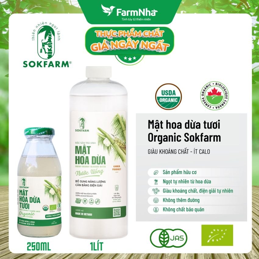 (Combo 5) Nước uống mật hoa dừa Sokfarm 1 lít - Giải khát sảng khoái, bù khoáng điện giải tự nhiên