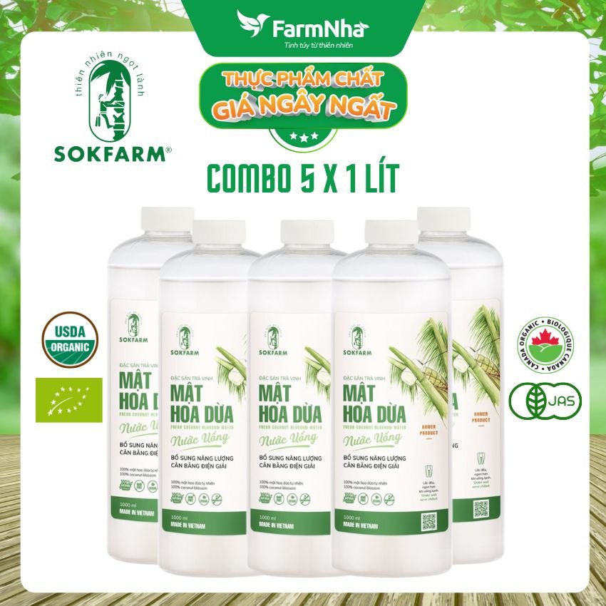 (Combo 5) Nước uống mật hoa dừa Sokfarm 1 lít - Giải khát sảng khoái, bù khoáng điện giải tự nhiên