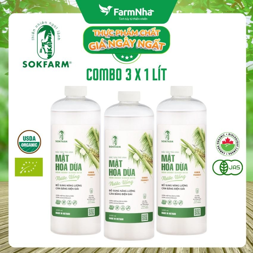 (Combo 3) Nước uống mật hoa dừa Sokfarm 1 lít - Giải khát sảng khoái, bù khoáng điện giải tự nhiên