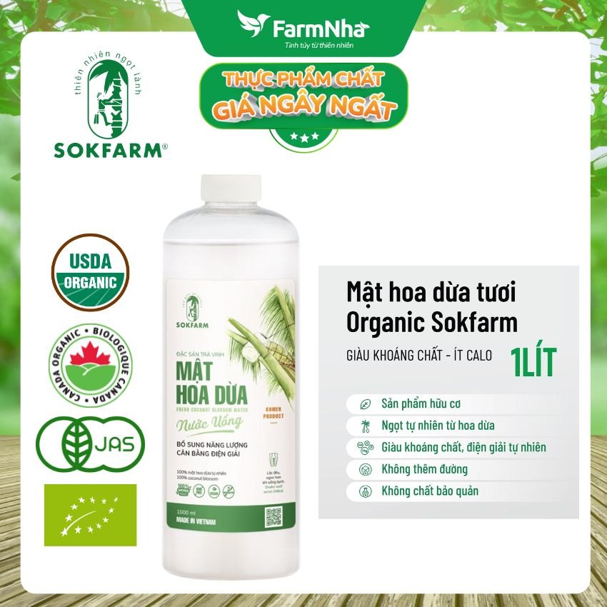 (Combo 3) Nước uống mật hoa dừa Sokfarm 1 lít - Giải khát sảng khoái, bù khoáng điện giải tự nhiên