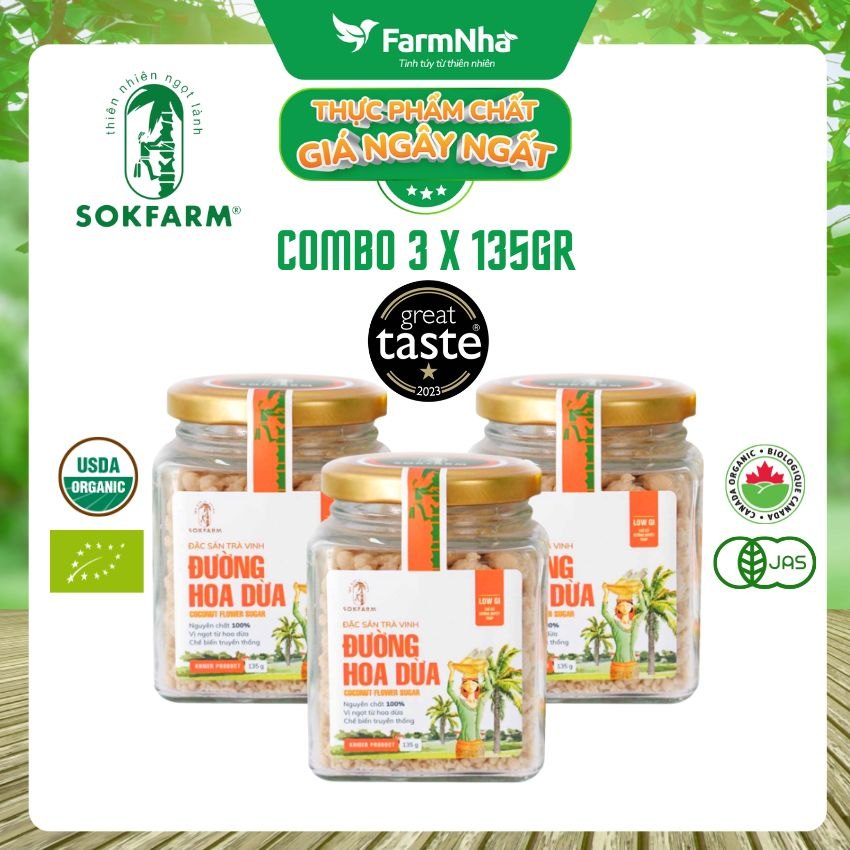 (Combo 3) Đường hoa dừa Sokfarm Hủ 135g - Chỉ số đường huyết thấp, tăng cường sức khỏe