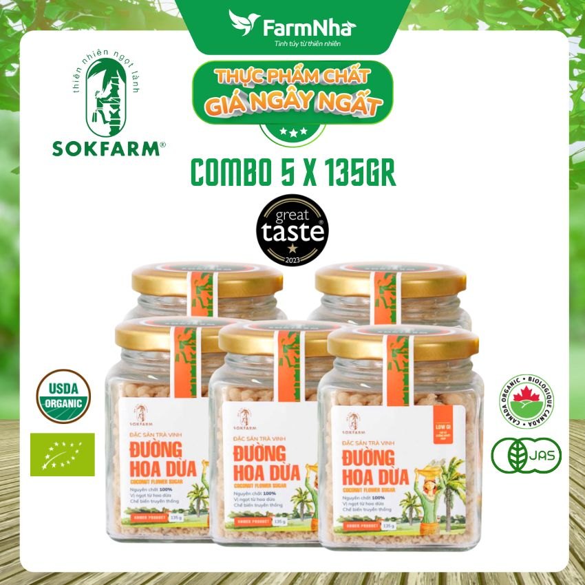 (Combo 5) Đường hoa dừa Sokfarm Hủ 135g - Chỉ số đường huyết thấp, tăng cường sức khỏe