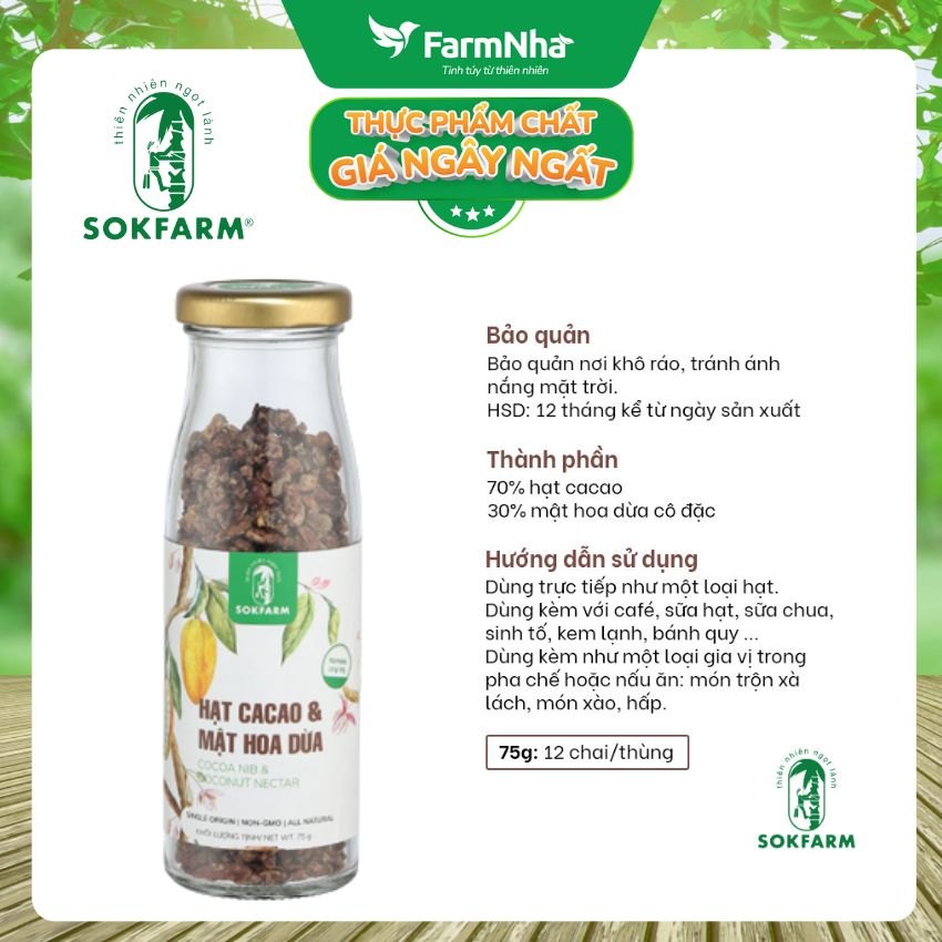 (Combo 2) Hạt cacao & Mật hoa dừa Sokfarm 75gr - Ổn Định Đường Huyết Giúp Cơ Thể Khỏe Mạnh