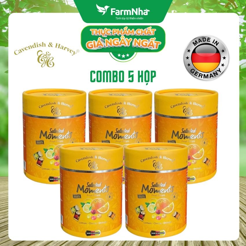 (Combo 5) Kẹo Cavendish & Harvey C&H 100g Selected Moments Fruit Drops Yellow - Hỗn hợp trái cây Lemon, Cherry, Orange