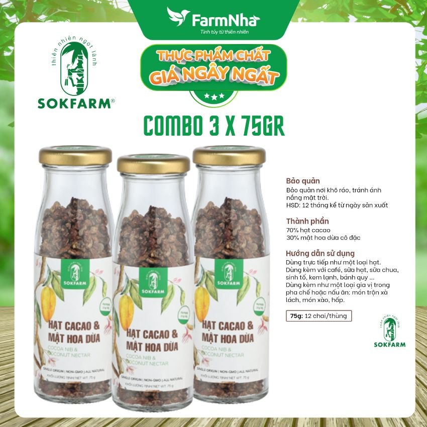 (Combo 3) Hạt cacao & Mật hoa dừa Sokfarm 75gr - Ổn Định Đường Huyết Giúp Cơ Thể Khỏe Mạnh