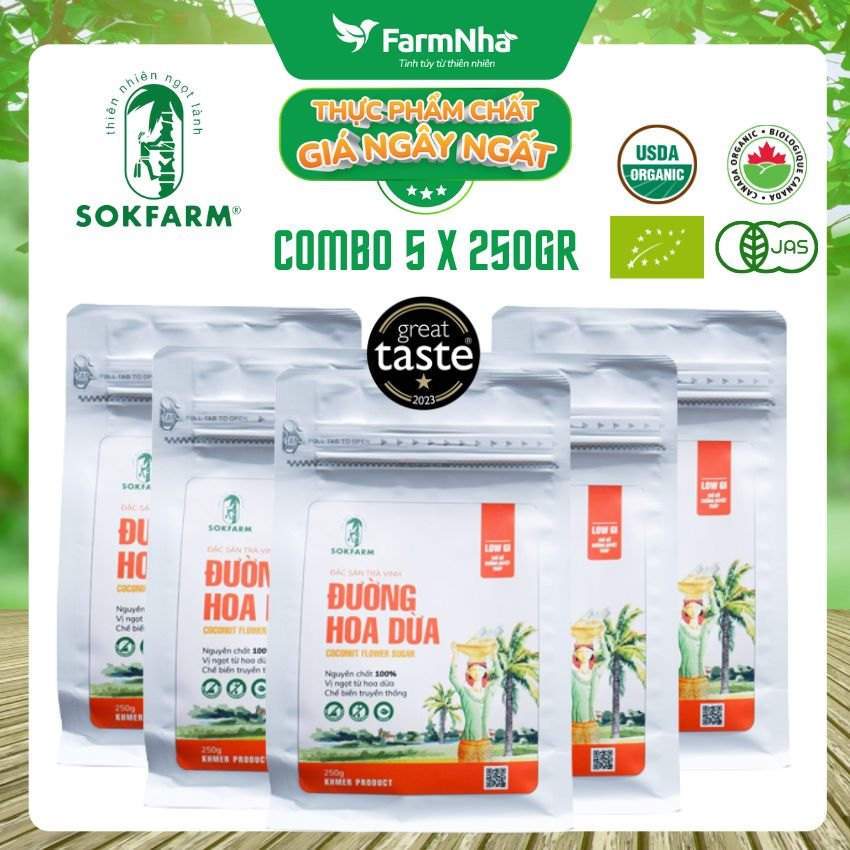 (Combo 5) Đường hoa dừa Sokfarm Túi 250gr - Chỉ số đường huyết thấp, tăng cường sức khỏe