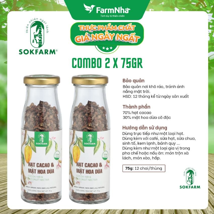 (Combo 2) Hạt cacao & Mật hoa dừa Sokfarm 75gr - Ổn Định Đường Huyết Giúp Cơ Thể Khỏe Mạnh