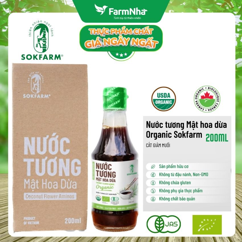 Nước tương mật hoa dừa Sokfarm 200ml - Vị Unami hữu cơ tự nhiên, vị mặn tốt cho sức khỏe