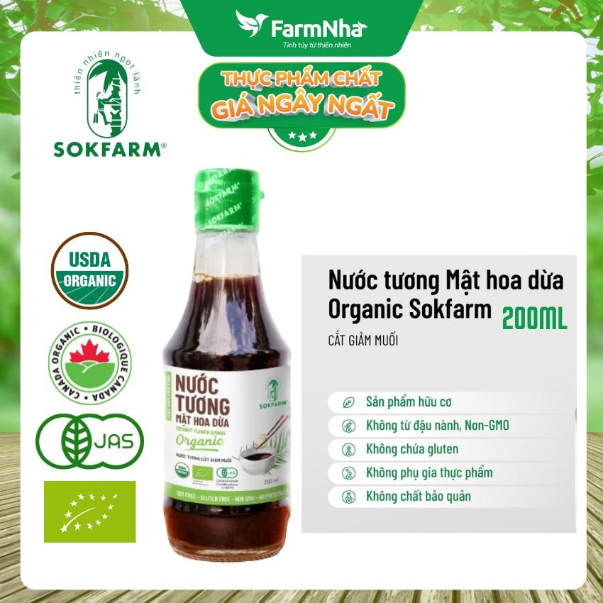 Nước tương mật hoa dừa Sokfarm 200ml - Vị Unami hữu cơ tự nhiên, vị mặn tốt cho sức khỏe