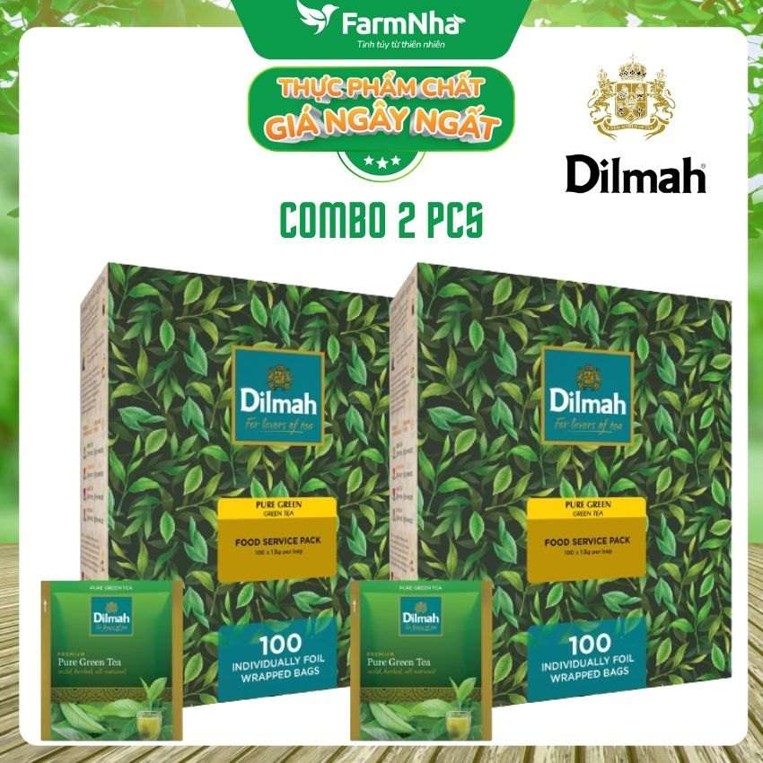 (Combo 2) Trà Dilmah trà xanh nguyên chất (PURE GREEN) loại túi lọc 100/1.5g/12 FOOD SERVICE