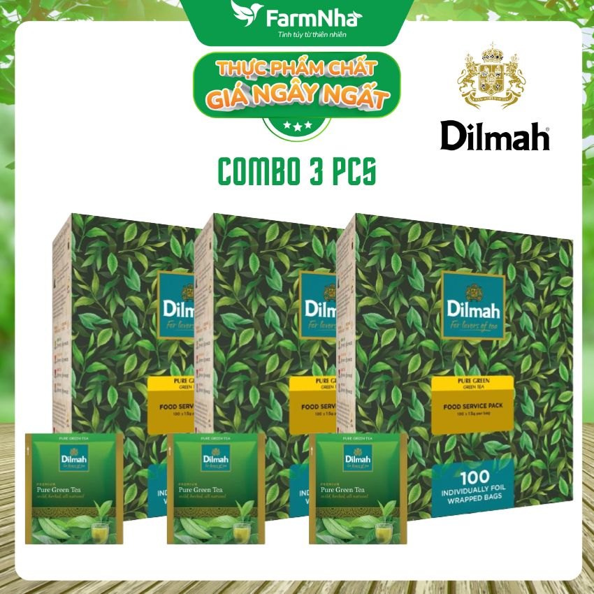 (Combo 3) Trà Dilmah trà xanh nguyên chất (PURE GREEN) loại túi lọc 100/1.5g/12 FOOD SERVICE