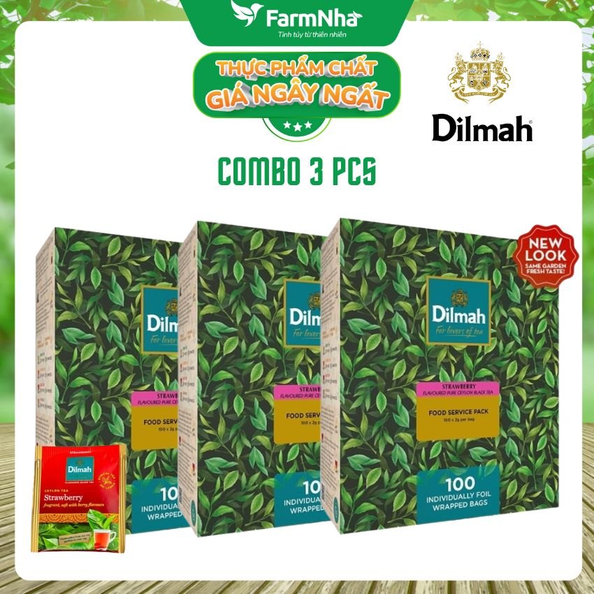 (Combo 3) Trà Dilmah hương Dâu (FOOD SERVICE) 100 túi x 2gr (túi bạc đặc biệt) - Tinh hoa trà Sri Lanka