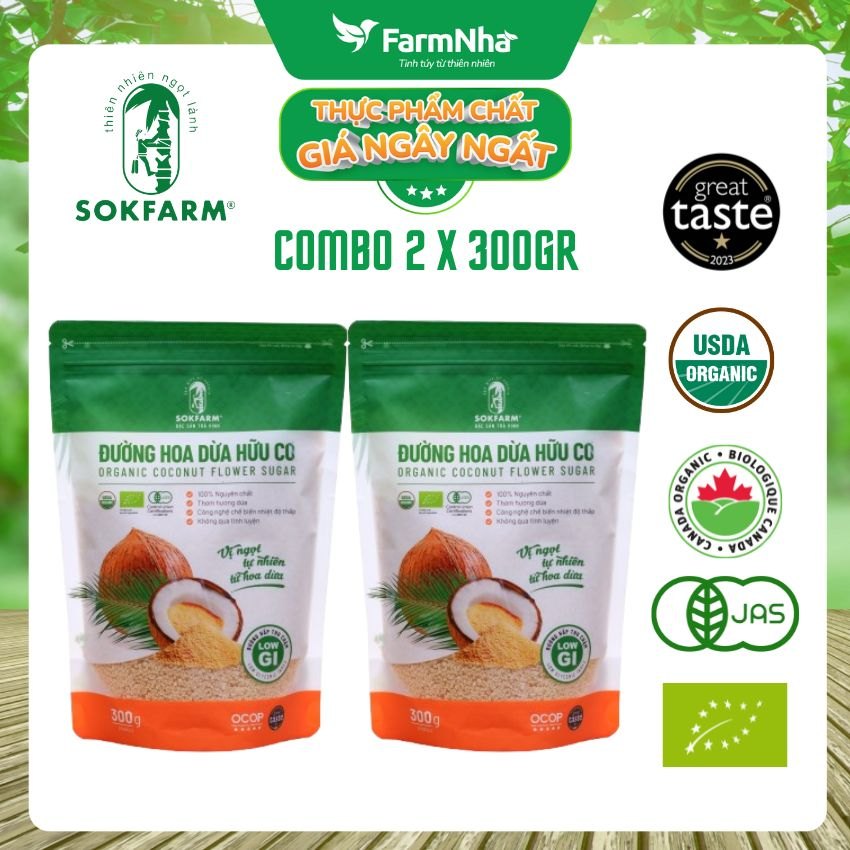 (Combo 2) Đường hoa dừa Hữu Cơ Sokfarm Túi 300gr - Chỉ số đường huyết thấp, tăng cường sức khỏe