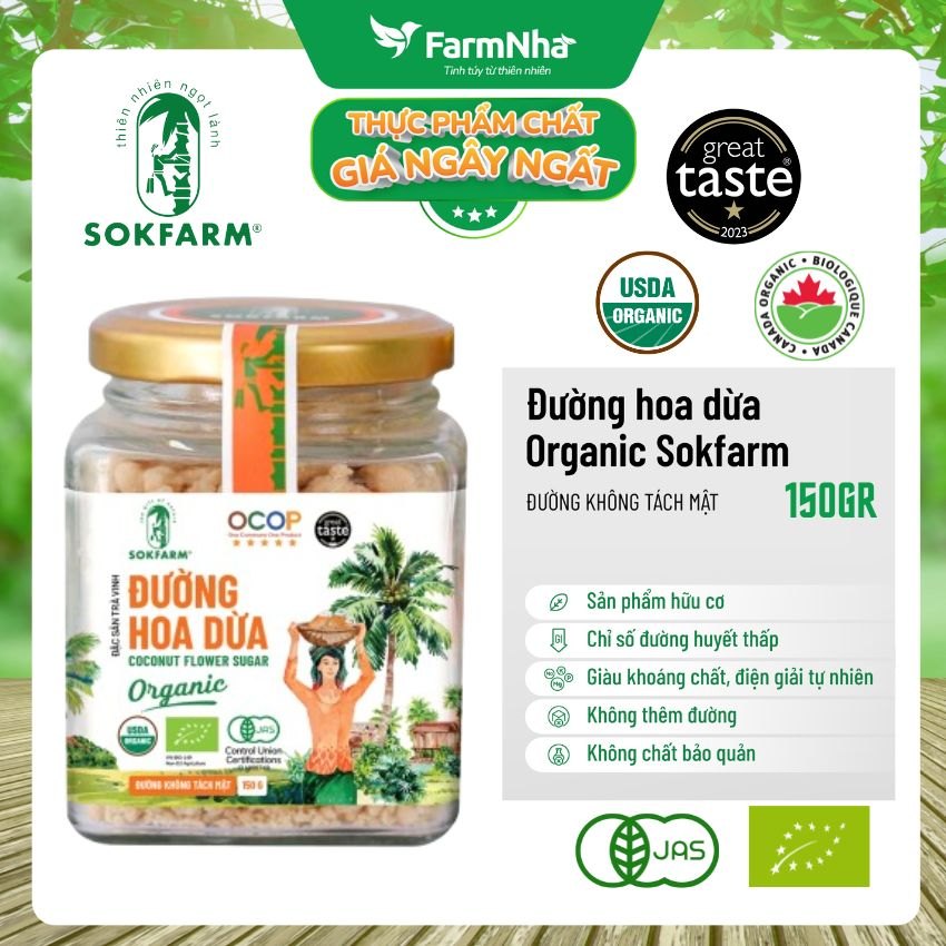 Đường hoa dừa Hữu Cơ Sokfarm Hủ 150gr - Chỉ số đường huyết thấp, tăng cường sức khỏe