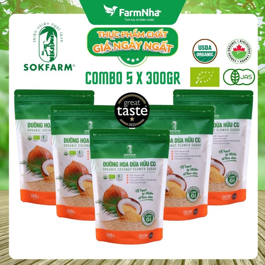 (Combo 5) Đường hoa dừa Hữu Cơ Sokfarm Túi 300gr - Chỉ số đường huyết thấp, tăng cường sức khỏe