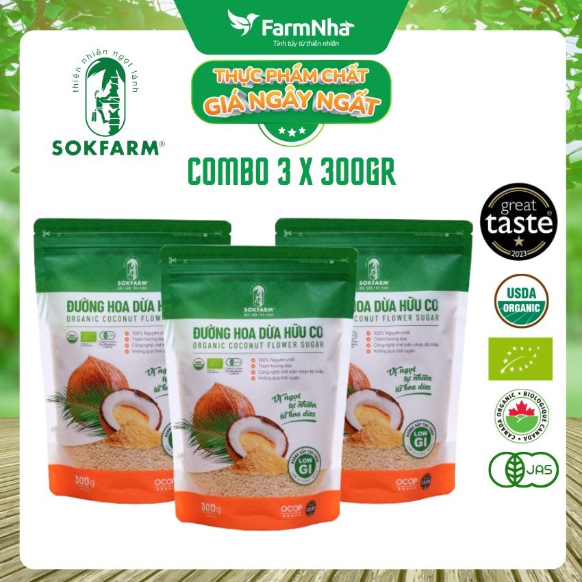 (Combo 3) Đường hoa dừa Hữu Cơ Sokfarm Túi 300gr - Chỉ số đường huyết thấp, tăng cường sức khỏe