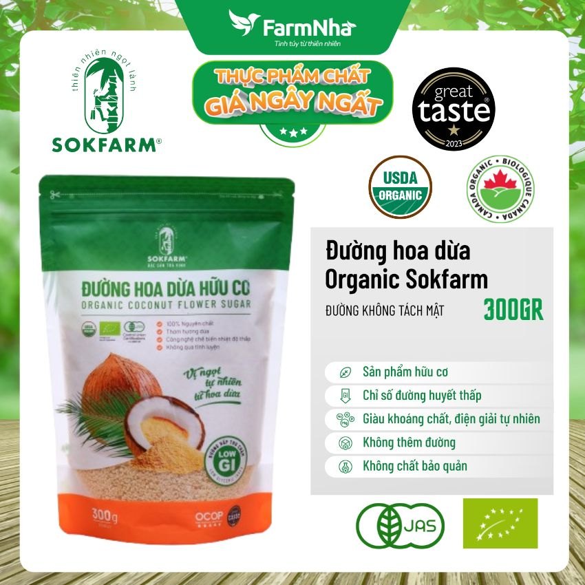 Đường hoa dừa Hữu Cơ Sokfarm Túi 300gr - Chỉ số đường huyết thấp, tăng cường sức khỏe