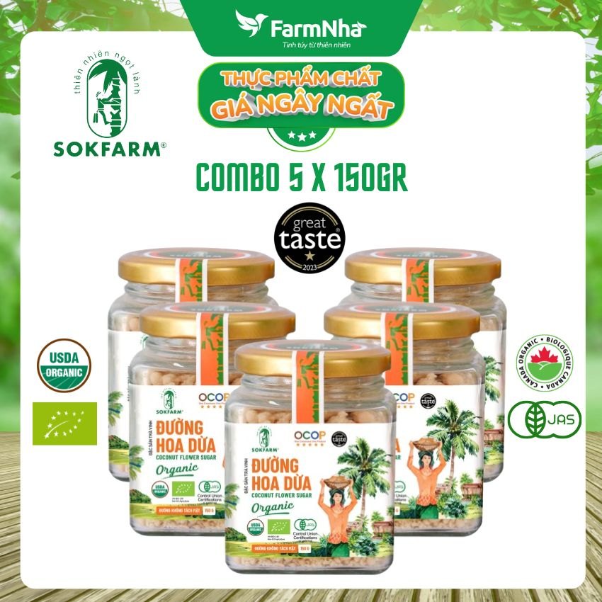 (Combo 5) Đường hoa dừa Hữu Cơ Sokfarm Hủ 150gr - Chỉ số đường huyết thấp, tăng cường sức khỏe