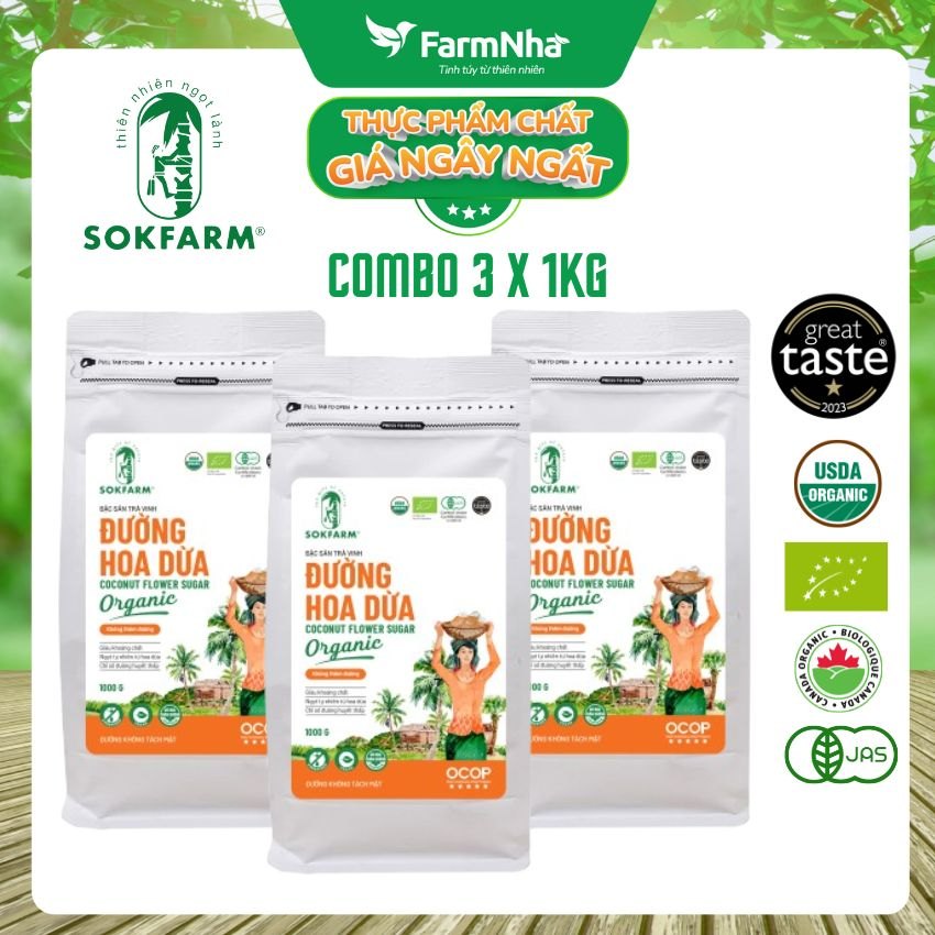 (Combo 3) Đường hoa dừa Hữu Cơ Sokfarm túi 1kg - Chỉ số đường huyết thấp, tăng cường sức khỏe