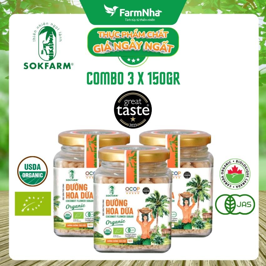 (Combo 3) Đường hoa dừa Hữu Cơ Sokfarm Hủ 150gr - Chỉ số đường huyết thấp, tăng cường sức khỏe