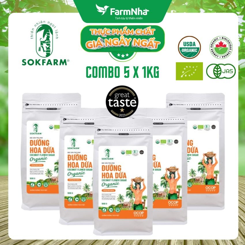 (Combo 5) Đường hoa dừa Hữu Cơ Sokfarm túi 1kg - Chỉ số đường huyết thấp, tăng cường sức khỏe