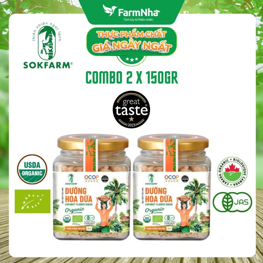 (Combo 2) Đường hoa dừa Hữu Cơ Sokfarm Hủ 150gr - Chỉ số đường huyết thấp, tăng cường sức khỏe