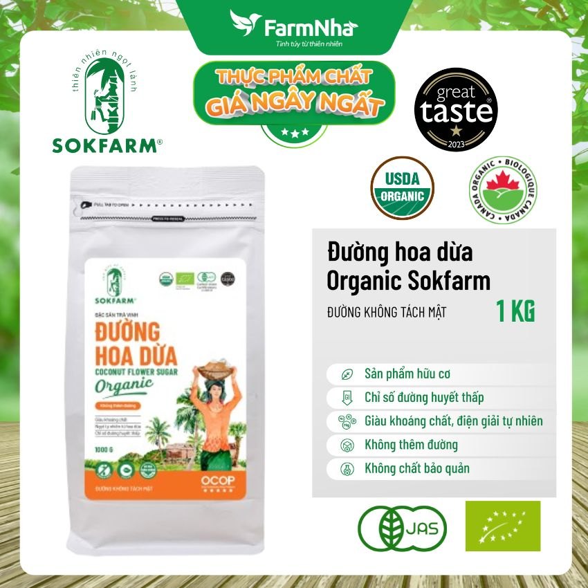 Đường hoa dừa Hữu Cơ Sokfarm túi 1kg - Chỉ số đường huyết thấp, tăng cường sức khỏe