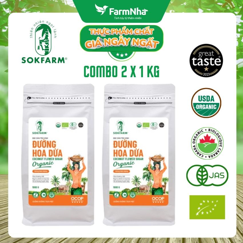 (Combo 2) Đường hoa dừa Hữu Cơ Sokfarm túi 1kg - Chỉ số đường huyết thấp, tăng cường sức khỏe