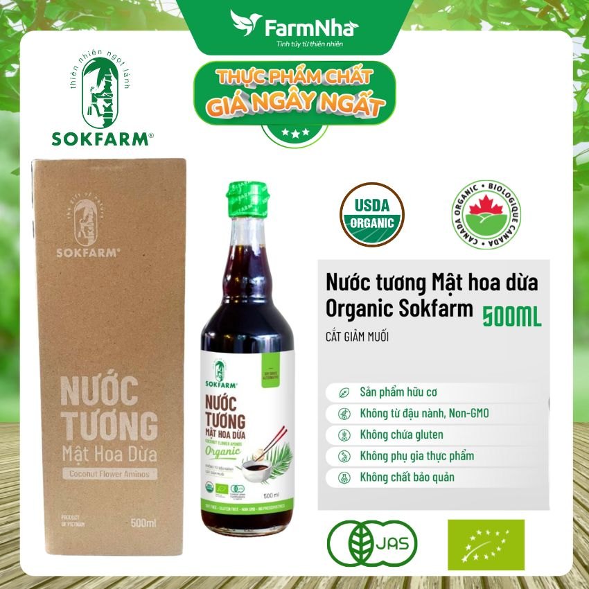 Nước tương mật hoa dừa Sokfarm 500ml - Sản phẩm hữu cơ tự nhiên, vị mặn tốt cho sức khỏe