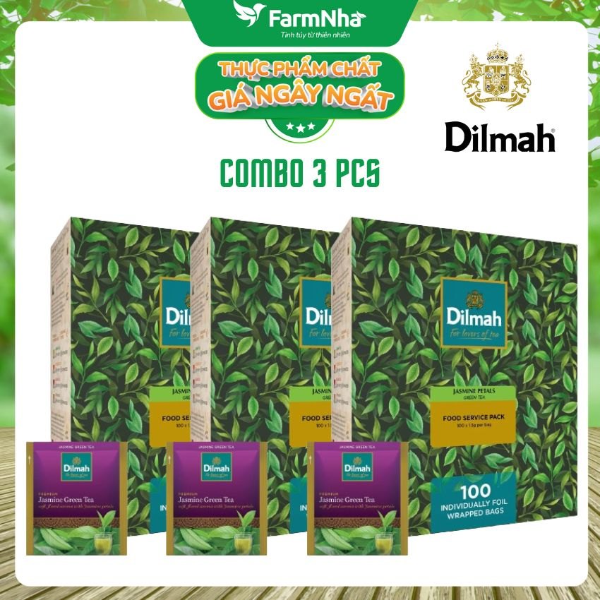 (Combo 3) Trà Dilmah Green Tea with Jasmine Petals 150g 100 Túi x 1.5g (Túi Bạc Riêng Biệt) - Hương Hoa Nhài Tự Nhiên Dịu Dàng và Tinh Khiết