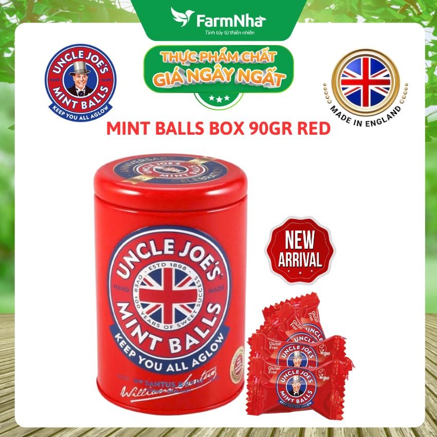 Kẹo Bạc Hà Uncle Joe's Mint Balls 90gr Hộp Tròn Đỏ – Hương Vị Bạc Hà Huyền Thoại Từ Anh Quốc