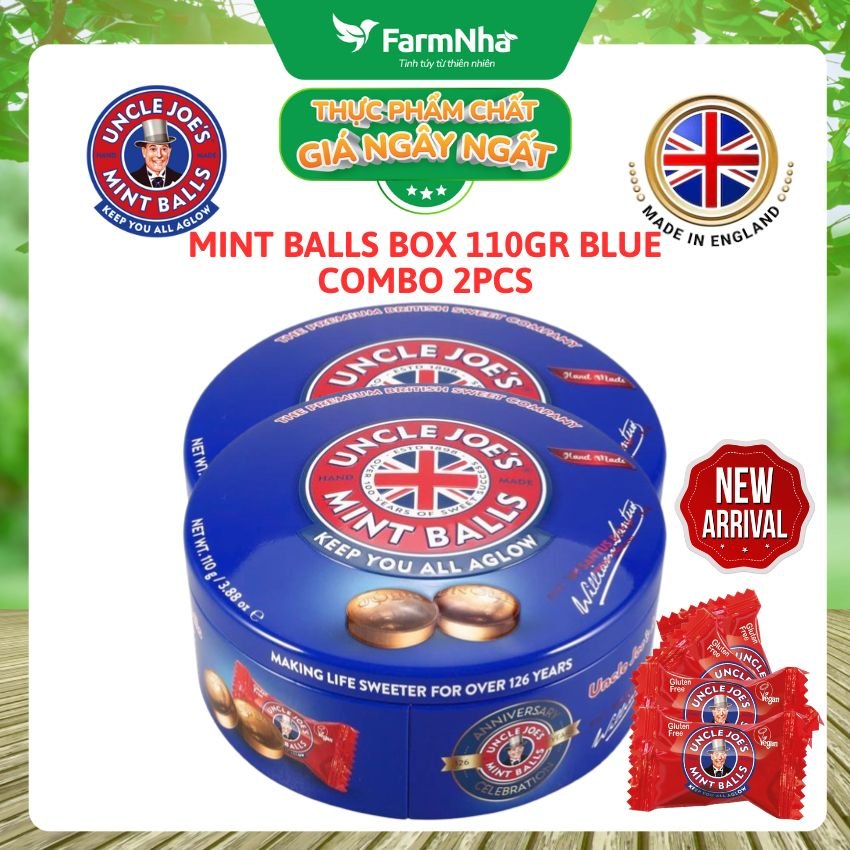 (Combo 2) Kẹo Bạc Hà Uncle Joe's Mint Balls 110gr Hộp Tròn Xanh – Hương Vị Bạc Hà Huyền Thoại Từ Anh Quốc