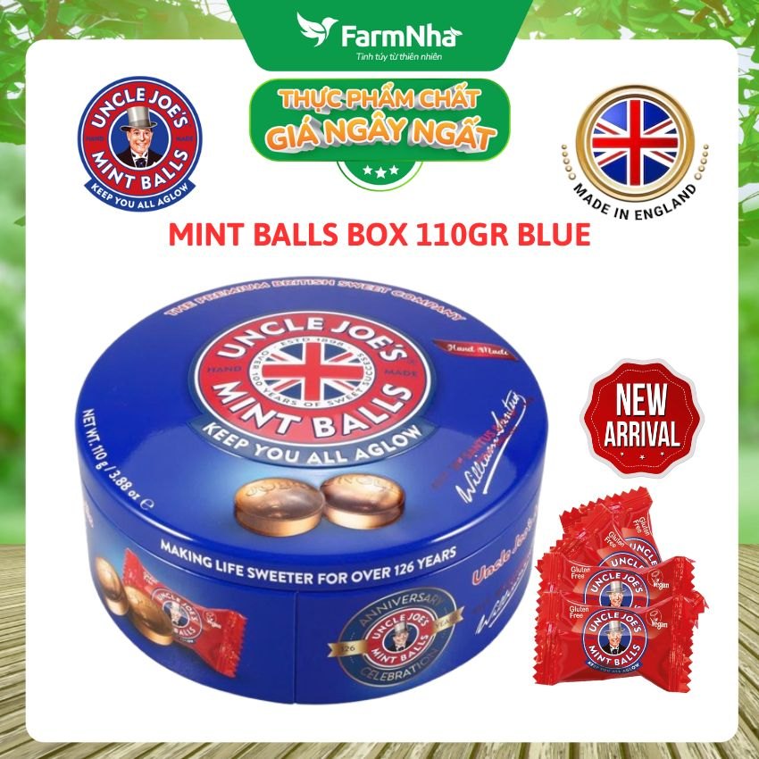 Kẹo Bạc Hà Uncle Joe's Mint Balls 110gr Hộp Tròn Xanh – Hương Vị Bạc Hà Huyền Thoại Từ Anh Quốc