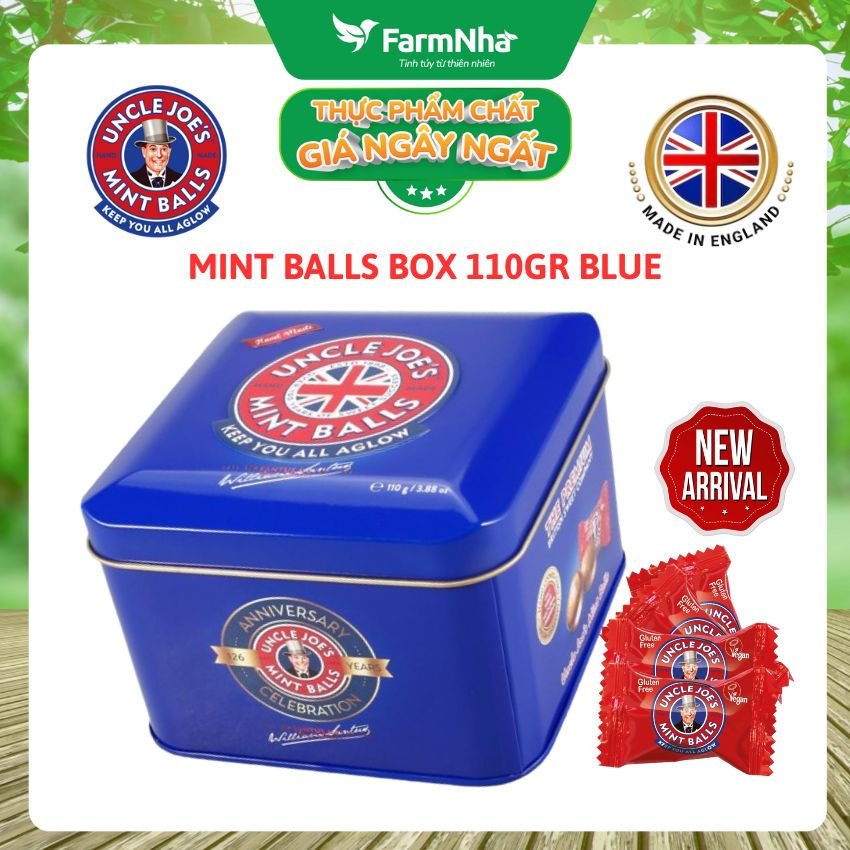 Kẹo Bạc Hà Uncle Joe's Mint Balls 110gr Hộp Vuông Xanh – Hương Vị Bạc Hà Huyền Thoại Từ Anh Quốc