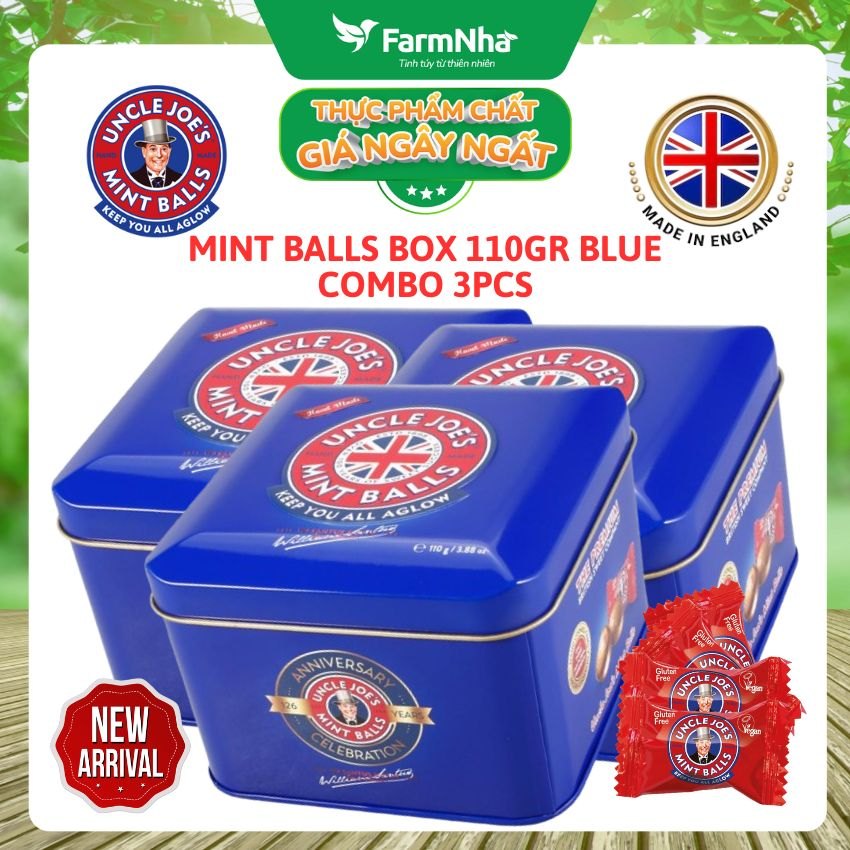 (Combo 3) Kẹo Bạc Hà Uncle Joe's Mint Balls 110gr Hộp Vuông Xanh – Hương Vị Bạc Hà Huyền Thoại Từ Anh Quốc