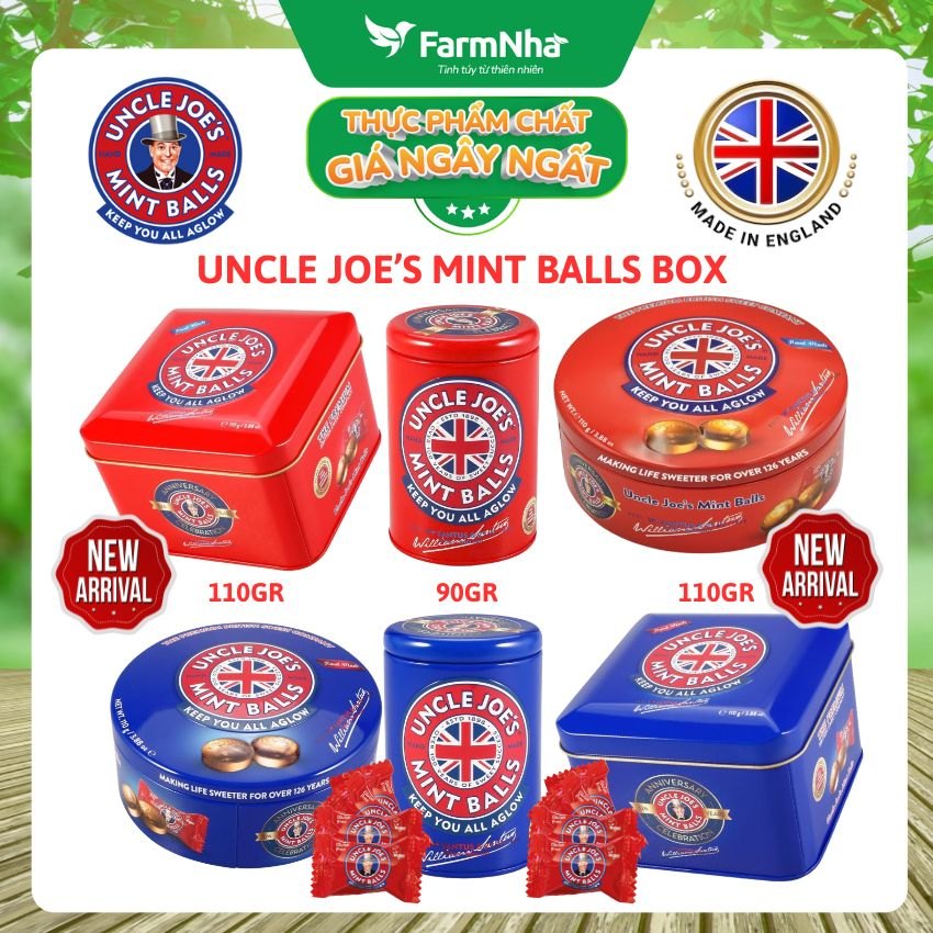 (Combo 3) Kẹo Bạc Hà Uncle Joe's Mint Balls 110gr Hộp Vuông Xanh – Hương Vị Bạc Hà Huyền Thoại Từ Anh Quốc