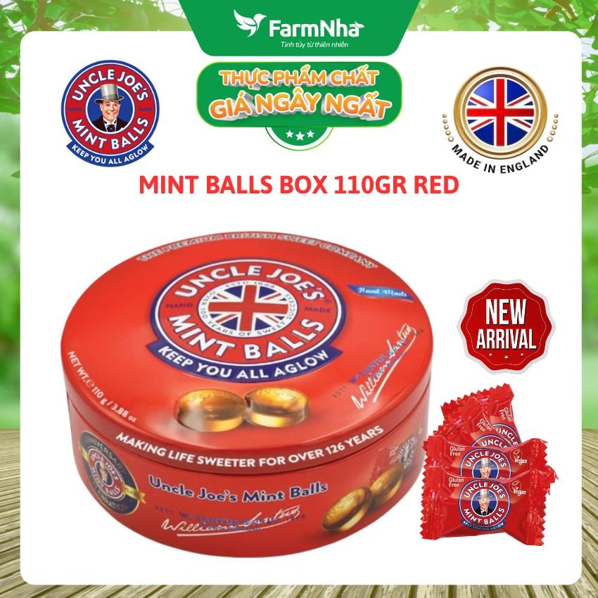 Kẹo Bạc Hà Uncle Joe's Mint Balls 110gr Hộp Tròn Đỏ – Hương Vị Bạc Hà Huyền Thoại Từ Anh Quốc